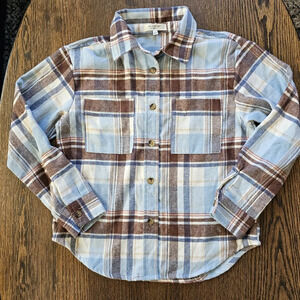 No Comment Girls Brown Blue Plaid Button Down Flannel Shirt Size Girl's S 7/8